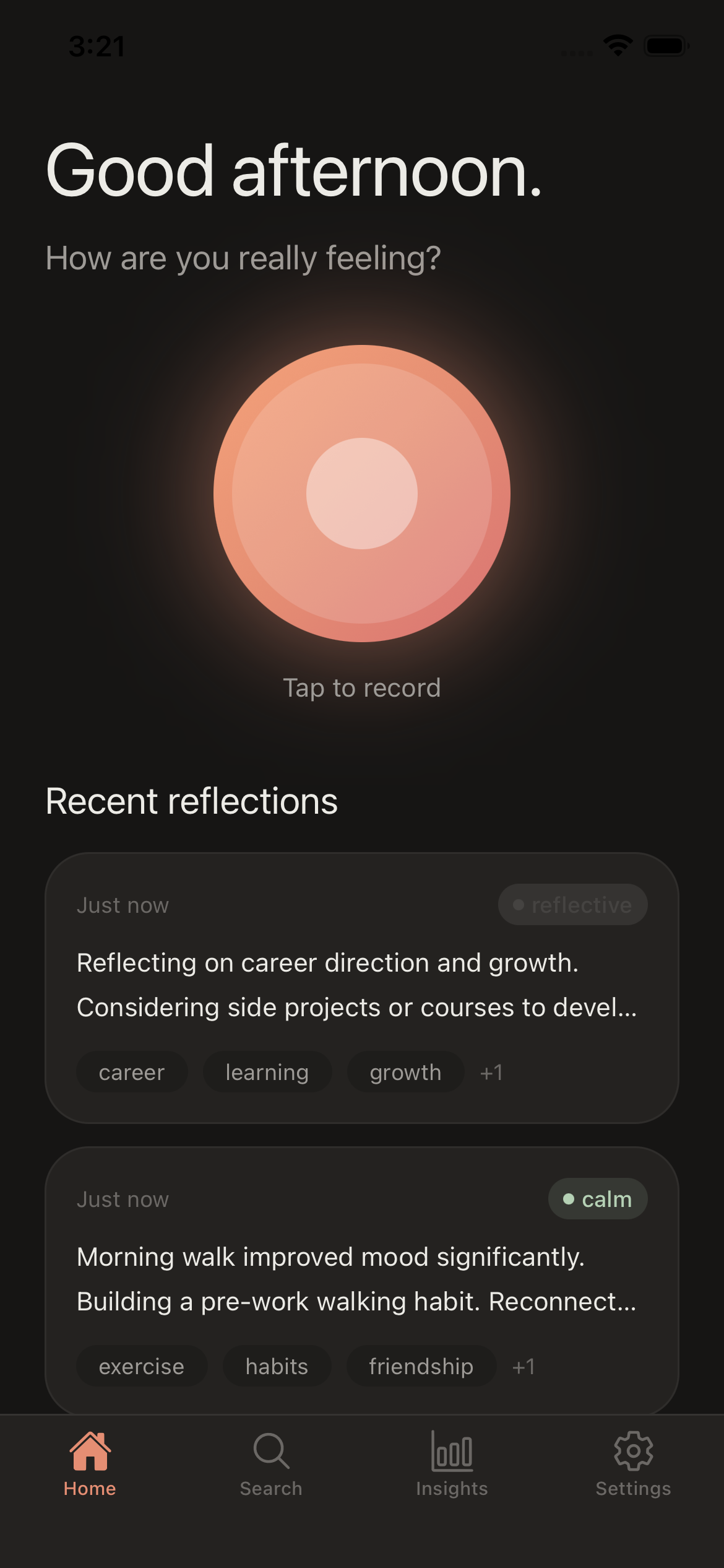 Home screen with recording orb